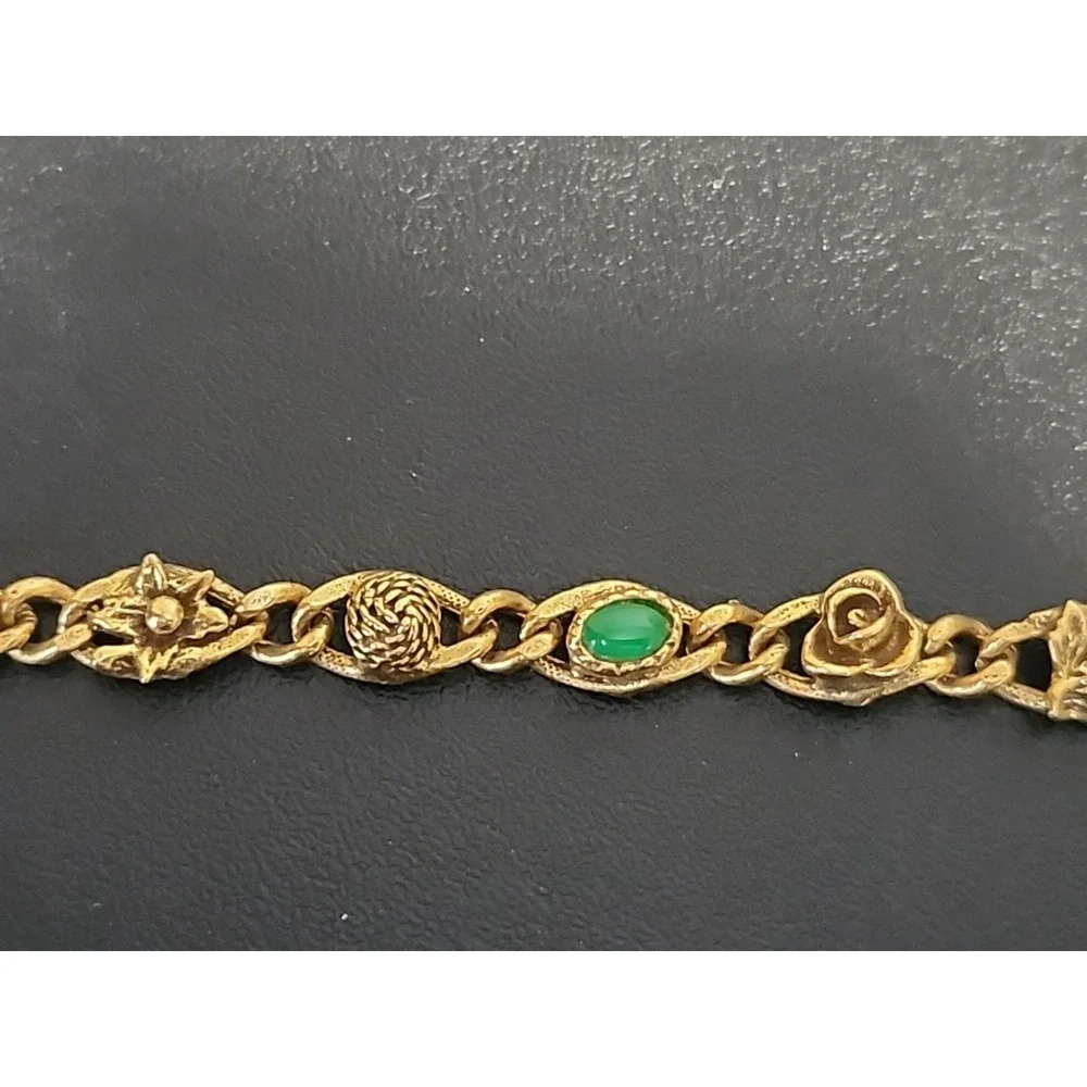 Vintage Goldette NY‎ Gold Tone Charm Bracelet Faux Gem Victorian Revival Signed